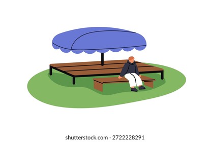 Niño solitario se sienta en el banco en el parque en verano. El niño se relaja en la mesa de picnic en la naturaleza solo. El niño pequeño descansa en el patio, patio de la escuela. Ilustración vectorial aislada plana sobre fondo blanco