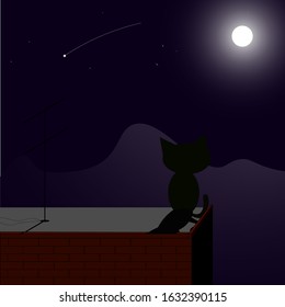 lonely kitten thinker sits at midnight under the moon and admires the landscape. vector