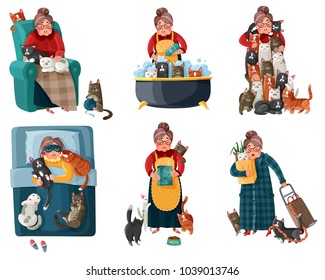 Lonely lady with cats during shopping, feeding, sleeping, relaxation in armchair set of icons isolated vector illustration  