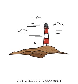 Lonely lighthouse on a background of rock and sky. Travel concept. Illustration in flat linear style. Vector.