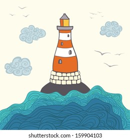 Lonely lighthouse on the rock surrounded by the ocean with birds and clouds on the background. Cute fully editable travel illustration drawn in vector by hand.