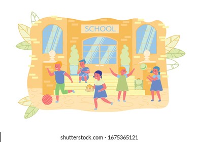 Lonely Little Boy among Happy Children Classmates. After School, Student Sit on Porch School, while Rest Children Play Fun among themselves. Boy on Steps does not Play with his Friends.