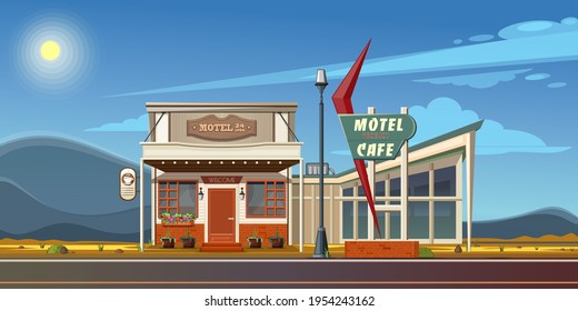 Lonely little cozy motel and roadside cafe. Motel 24 open. Desert road landscape with cafe and motel. Vector illustration