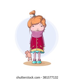 Lonely little girl holding her Teddy bear - cute vector illustration 