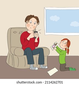 Lonely little girl, unhappy and unnoticed, wants to play with his father who is looking to his smartphone. Original hand drawn illustration.