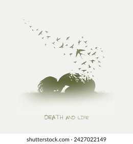 Lonely lying woman. Death, afterlife. Flying bird. Isolated silhouette