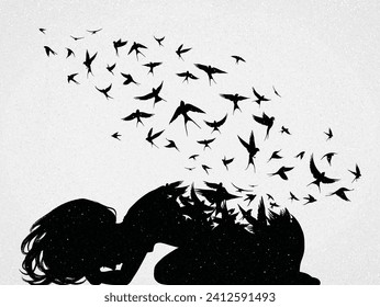 Lonely lying woman. Depressed girl. Death and afterlife. Flying birds