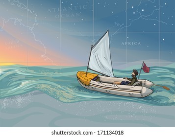 A lonely man in a boat sailing out in to the sunset, vector illustration