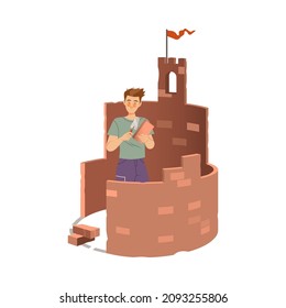 Lonely Man Building Her Own Brick Castle. Social Isolation, Unsocial Lonely Person Cartoon Vector Illustration