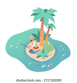 Lonely man character fishing to eat on deserted island. Homeless castaway person sit with rode under palm tree. Nautical adventure, travel, trip. Uninhabited land surrounded water. Natural landscape