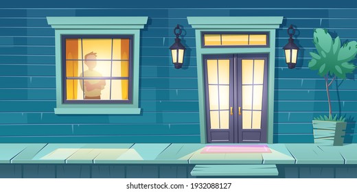 Lonely Man With Crossed Arms Stand At Window Look On Night Street. Male Character At Home, Outside View With Entrance Cottage Door And Glow Lanterns. Loneliness, Melancholy Cartoon Vector Illustration