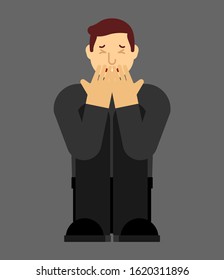 Lonely man in depression. Unhappy guy sitting and hugging her knees. Depressed male. Loneliness and stress concept