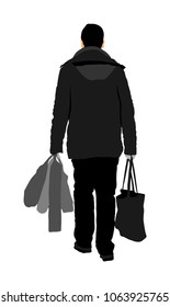 Lonely man doing everyday grocery shopping with shopping basket at supermarket, vector silhouette isolated on white background. Male usual walk after work with consumer bag buy food and another goods.