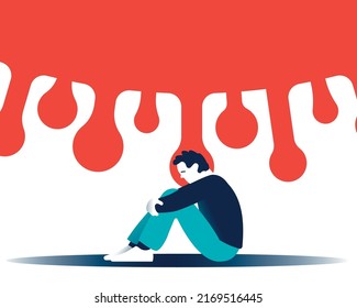 Lonely man dominated by a coronavirus, looming over her head. Long covid-19 symptoms. Coronavirus effect on mental health. Psychological support. Depression from social distancing. Anxiety of covid-19