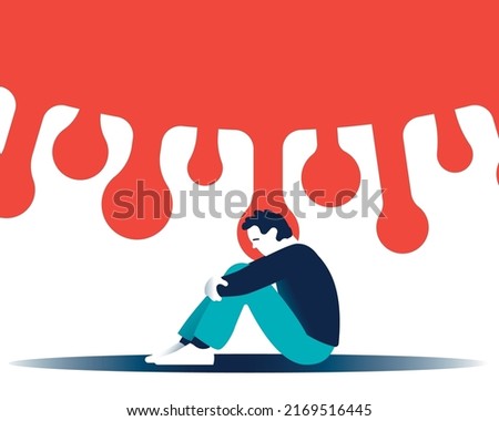 Lonely man dominated by a coronavirus, looming over her head. Long covid-19 symptoms. Coronavirus effect on mental health. Psychological support. Depression from social distancing. Anxiety of covid-19