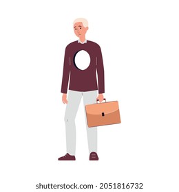 Lonely Man With Empty Hole In Chest, Loneliness Concept With Sad Person Holding Briefcase. Corporate Worker Feeling Alone, Isolated Cartoon Vector Illustration