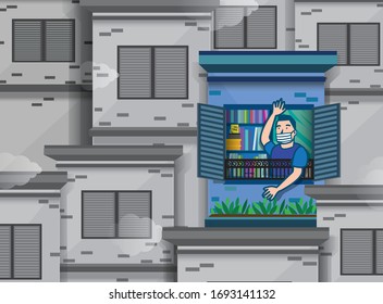 A lonely man with face mask waving at his balcony during the movement control order period, with the background of quiet houses around. Social distancing.