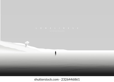 A lonely man in the futuristic landscape. Loneliness. Negative unhappy feeling. Depression thinking. Heartbroken. Nostalgic man thinking about the past. Back view. Conceptual emotional illustration