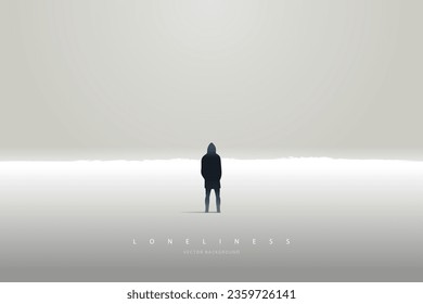 Un hombre solitario en el paisaje futurista. Soledad. Sentimiento negativo e infeliz. Pensando en la depresión. Corazón roto. Hombre nostálgico pensando en el pasado. Vista posterior. Ilustración emocional conceptual