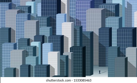 a lonely man grabbed his head in the street in the midst of skyscrapers. urban wallpaper. author's drawing. vector image