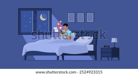 Lonely man lying in bed at night, he is connecting online on social media and chatting instead of sleeping, internet addiction concept