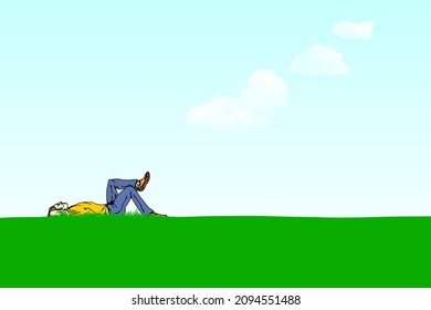 A lonely man lying on his back staring into the blue sky for the concept of laidback life. Hand drawn vector illustration.