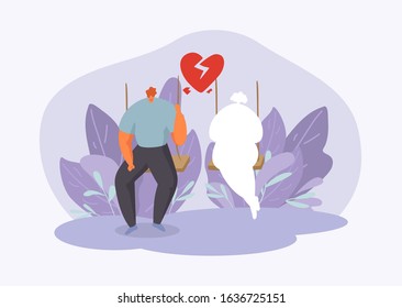 Lonely Man in melancholy with broken heart in two halves thinks and misses, yearning for his ex wife or girlfriend vector illustration. Lonely, sad, unhappy loved man sitting swing. Valentine day