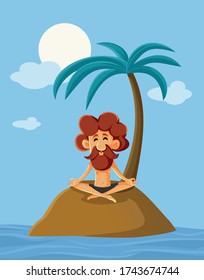 Lonely Man on a Deserted Island Vector Cartoon. Castaway guy in lotus pose meditating anti stress in solitude 
