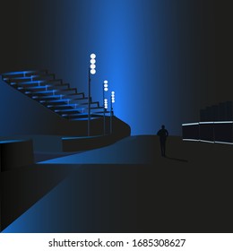 Lonely man runs around the stadium at night. Romantic illustration isolated on a blue background