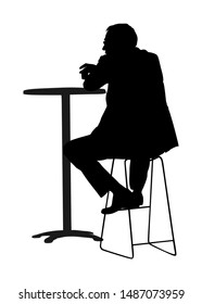 Lonely man sitting drinking and waiting in public bar vector silhouette. Night club guest urban life. Snack bar on the street. Break relaxation after work. Blind date in restaurant social connection