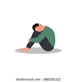 A lonely man sitting and hugging his knees. Young depressed male character. Sad thoughts. Depressed man concept. Vector illustration in flat style