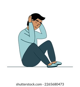 A lonely man sitting and hugging his head. Young depressed male character. Sad thoughts. Depressed man concept. Vector illustration in flat style