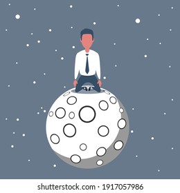 A lonely man is sitting on a big bright full moon at night alone. thinking mind. Cartoon Vector Illustration.