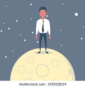A lonely man is sitting on a big bright full moon at night alone. thinking mind. Cartoon Vector Illustration.
