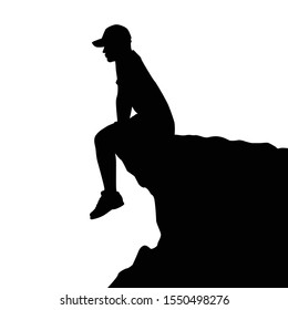 Lonely man is sitting on the cliff silhouette vector
