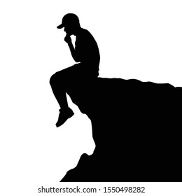 Lonely man is sitting on the cliff silhouette vector