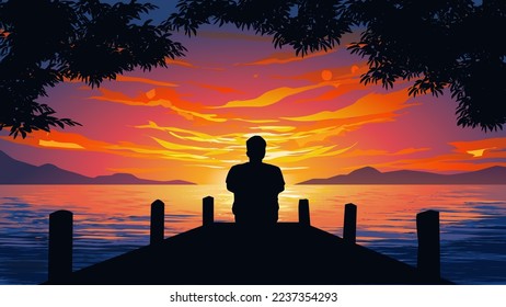 Lonely man sitting on a jetty. Sunset scenery at lake