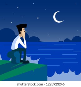 Lonely Man Sitting On The Pier at Night. Vectoral Illustration.