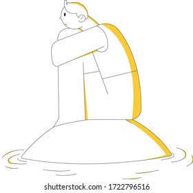 Lonely man sitting on a small island. Vector.
