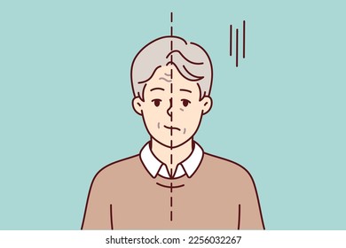 Hombre solitario sonriendo y triste al mismo tiempo experimentando problemas psicológicos. El tipo con línea divisoria en la cara antes y después de ir al psicólogo o tomar antidepresivos. Diseño vectorial plano 