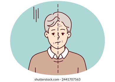 Hombre solitario sonriendo y triste al mismo tiempo experimentando problemas psicológicos. Hombre con línea divisoria en la cara antes y después de ir al psicólogo o tomar antidepresivos. Diseño vectorial plano