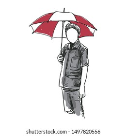 a lonely man stand under his umbrella line art sketch drawing color