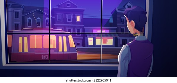 Un hombre solitario parado en la ventana mira en la calle nocturna con un tren vintage montando a lo largo de la casa retro, gafas de fachada brillante. Carácter masculino exterior de la habitación de casa, melancolía, ilustración vectorial de dibujos animados