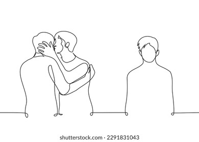 hombre solitario parado al lado mientras el hombre besa a otro hombre - un vector de dibujo de una línea. fantasía de slash conceptual, homofobia, celos, envidia, traición, angustia