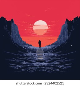 Lonely man standing on the horizon. Beautiful sci fi, fantasy wallpaper with loneliness concept. mountain, hills, sun, red sunset sky. 