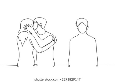 lonely man stands aside while another kisses a woman - one line drawing vector. concept jealousy, envy, betrayal, broken heart, unrequited love 