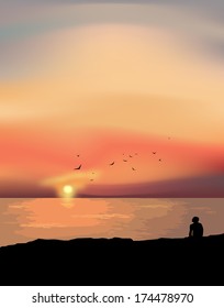 The lonely man at the sunset. Vector illustration