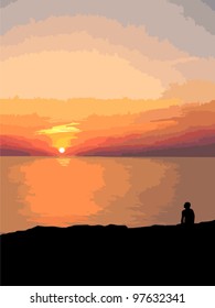 The lonely man at sunset. Vector illustration