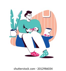Lonely man in sweater sits in his apartment and plays a gamepad, next to chips and a plant. An ordinary evening at home. The concept of short rest, time for yourself. Vector illustration.