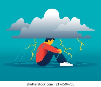 Lonely man with a thundering cloud looming over his head. Mental disorder and chaos in consciousness. Frustrated guy with nervous problem feel anxiety and confusion of thoughts. Depression concept